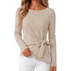 MEROKEETY Womens Fall Sweaters Trendy 2026 Tie Front Cinched Waist Tops(Oatmeal)