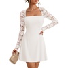 MEROKEETY Womens Lace Long Sleeve Fall Cocktail Wedding Guest Mini Dress(White)