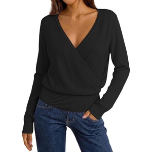 MEROKEETY 2026 Fall V Neck Wrap Sweaters for Women Knit Tops(Black)