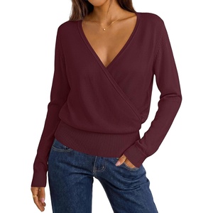 MEROKEETY 2026 Fall V Neck Wrap Sweaters for Women Knit Tops(Burgundy)
