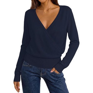 MEROKEETY 2026 Fall V Neck Wrap Sweaters for Women Knit Tops(Navyblue)
