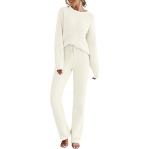 MEROKEETY Womens Cute Fuzzy Lounge Set Cozy Fall Pajamas(Beige)