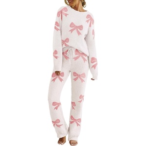 MEROKEETY Womens Cute Fuzzy Lounge Set Cozy Fall Pajamas(Bowbeige)
