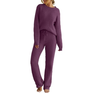 MEROKEETY Womens Cute Fuzzy Lounge Set Cozy Fall Pajamas(Plum)
