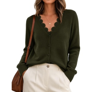 MEROKEETY Women’s Fall Lace V Neck Button Up Cardigan Sweaters Trendy Work(Army)