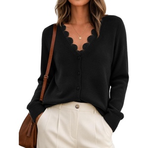 MEROKEETY Women’s Fall Lace V Neck Button Up Cardigan Sweaters Trendy Work(Black)