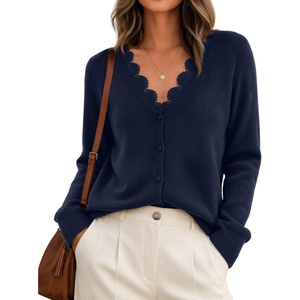 MEROKEETY Women’s Fall Lace V Neck Button Up Cardigan Sweaters Trendy Work(Navy)