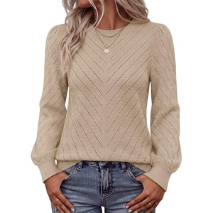 MEROKEETY Womens Fall Lightweight Sweater Long Sleeve Eyelet Pullover Tops(Apricot)