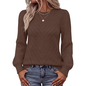 MEROKEETY Womens Fall Lightweight Sweater Long Sleeve Eyelet Pullover Tops(Coffee)