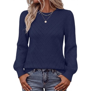 MEROKEETY Womens Fall Lightweight Sweater Long Sleeve Eyelet Pullover Tops(Navy)