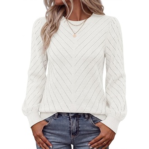 MEROKEETY Womens Fall Lightweight Sweater Long Sleeve Eyelet Pullover Tops(White)