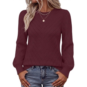 MEROKEETY Womens Fall Lightweight Sweater Long Sleeve Eyelet Pullover Tops(Wine)