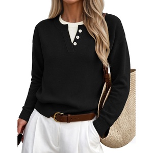 MEROKEETY Womens Fall Oversized Pullover Sweater Layered Neck Henley Tops(Black)