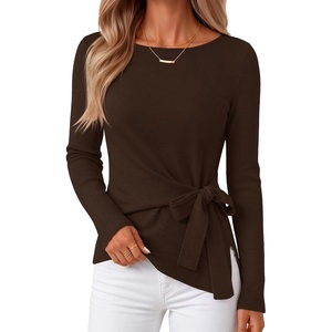 MEROKEETY Womens Fall Sweaters Trendy 2026 Tie Front Cinched Waist Tops(Coffee)