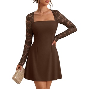 MEROKEETY Womens Lace Long Sleeve Fall Cocktail Wedding Guest Mini Dress(Coffee)