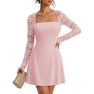 MEROKEETY Womens Lace Long Sleeve Fall Cocktail Wedding Guest Mini Dress(Light Pink)