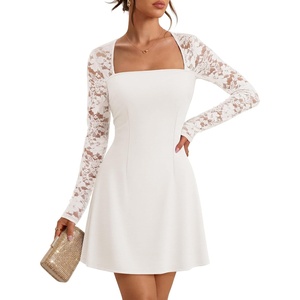 MEROKEETY Womens Lace Long Sleeve Fall Cocktail Wedding Guest Mini Dress(White)