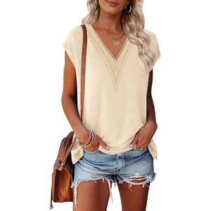 MEROKEETY Womens Summer Boho Cap Sleeve Lace Trim V Neck Tops(Apricot)