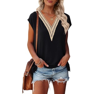 MEROKEETY Womens Summer Boho Cap Sleeve Lace Trim V Neck Tops(Black)