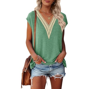 MEROKEETY Womens Summer Boho Cap Sleeve Lace Trim V Neck Tops(Green)
