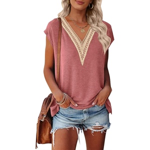 MEROKEETY Womens Summer Boho Cap Sleeve Lace Trim V Neck Tops(Pink)