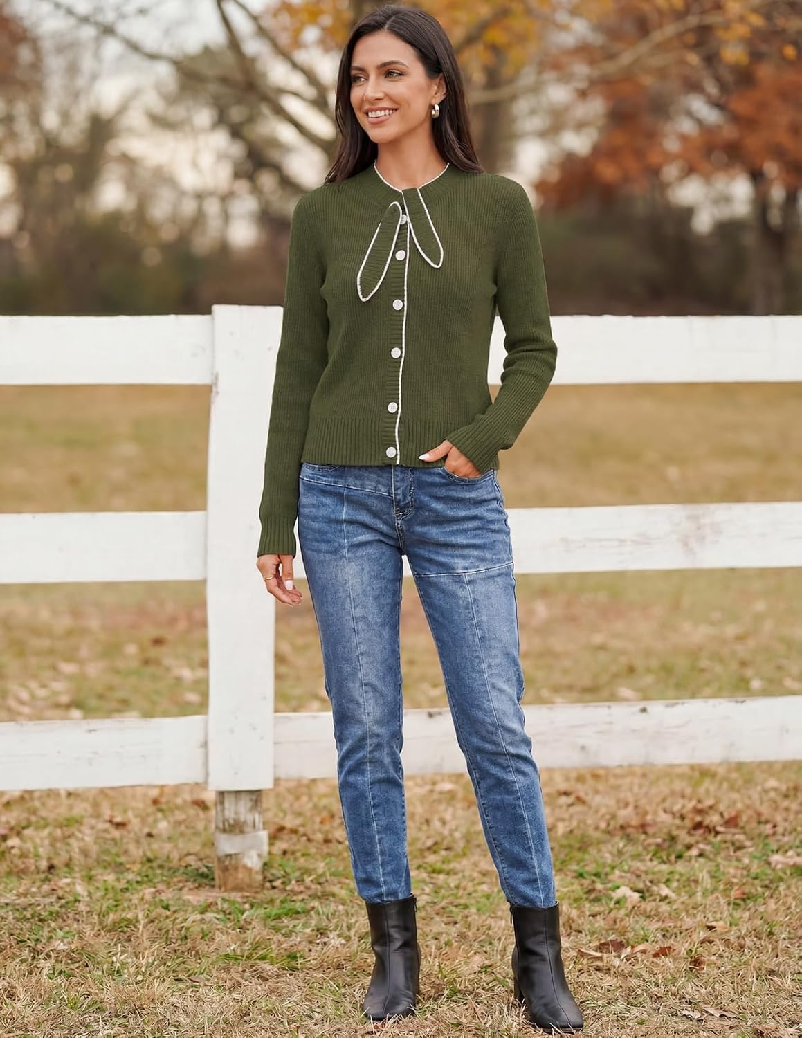 image:imageMEROKEETY Womens Long Sleeve Tie Front Fall Cardigan Chunky Knit SweatersArmygreen
