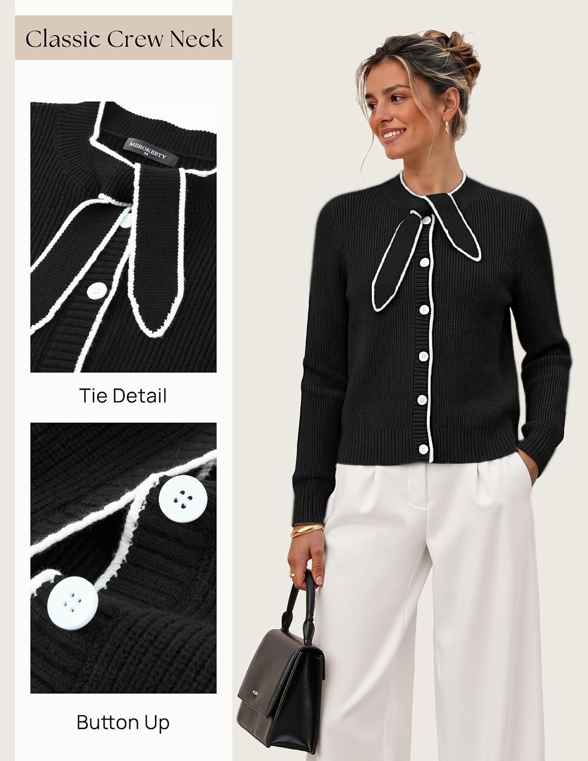 image:imageMEROKEETY Womens Long Sleeve Tie Front Fall Cardigan Chunky Knit SweatersBlack