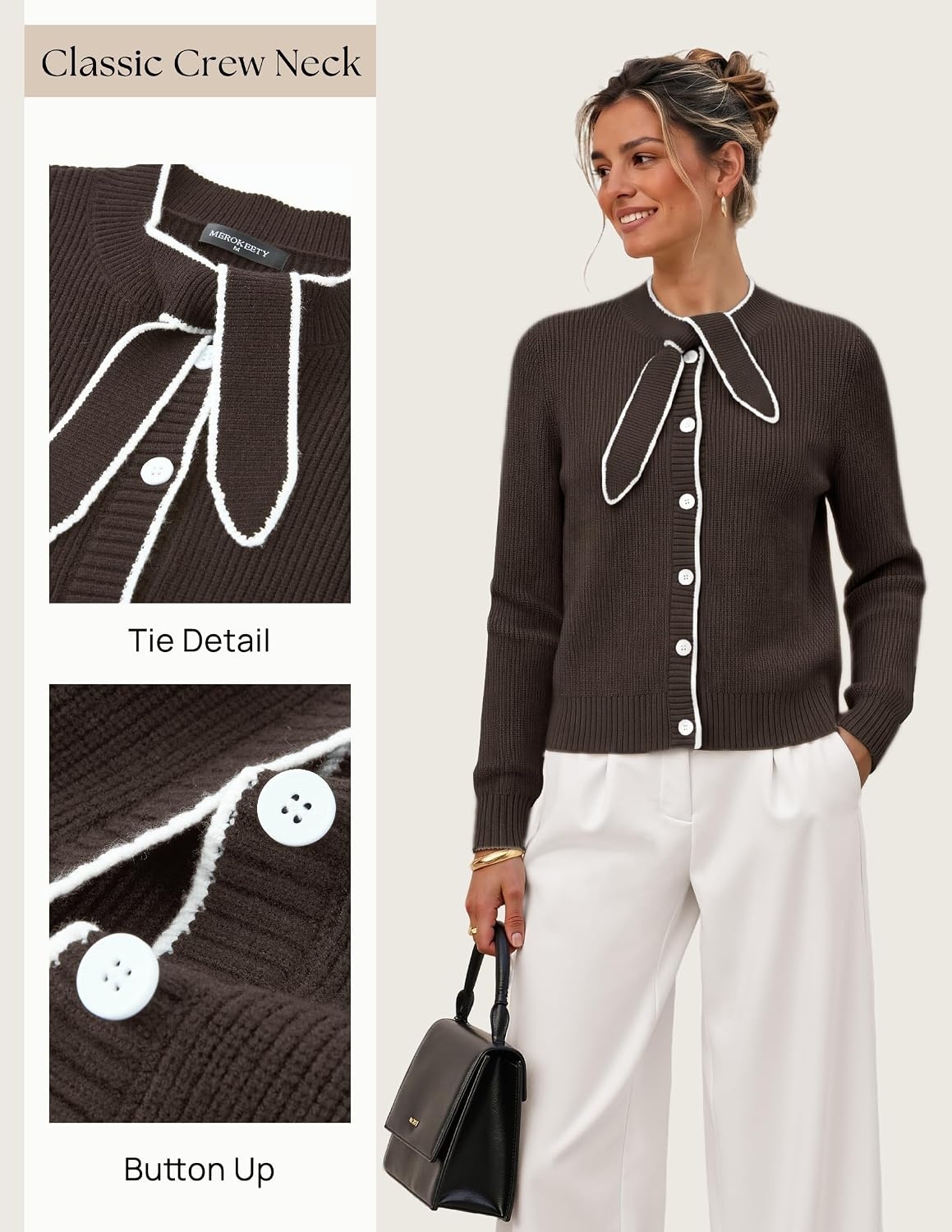image:imageMEROKEETY Womens Long Sleeve Tie Front Fall Cardigan Chunky Knit SweatersCoffee