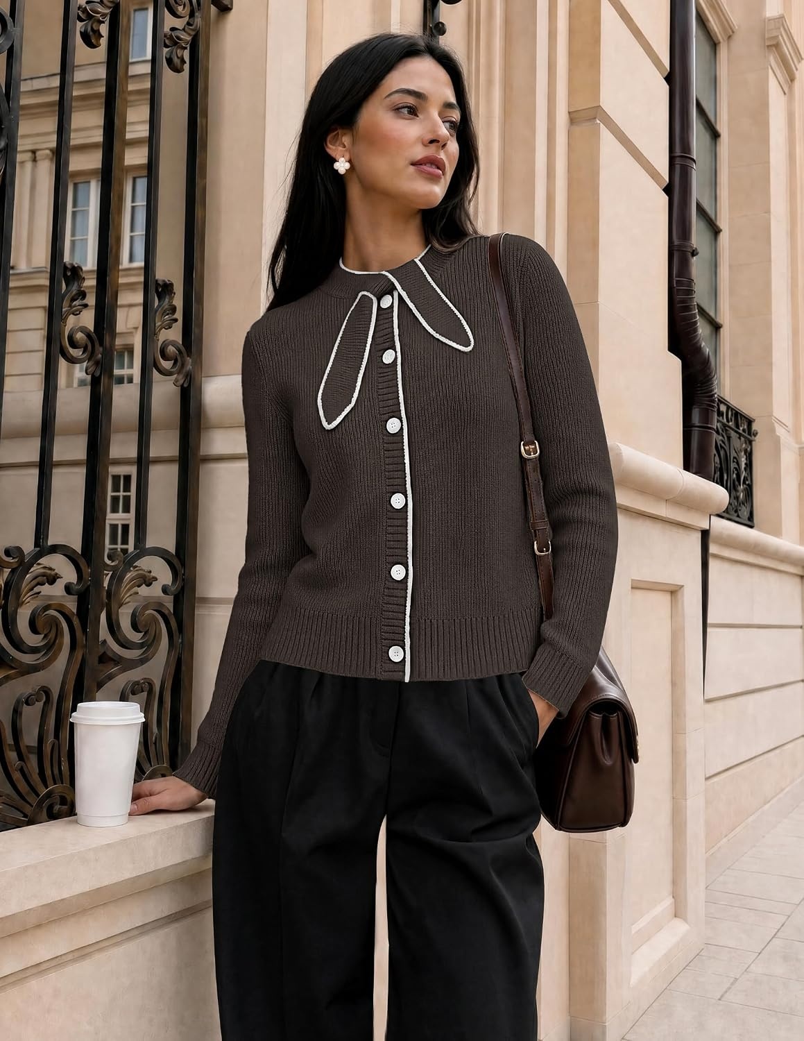 image:imageMEROKEETY Womens Long Sleeve Tie Front Fall Cardigan Chunky Knit SweatersCoffee