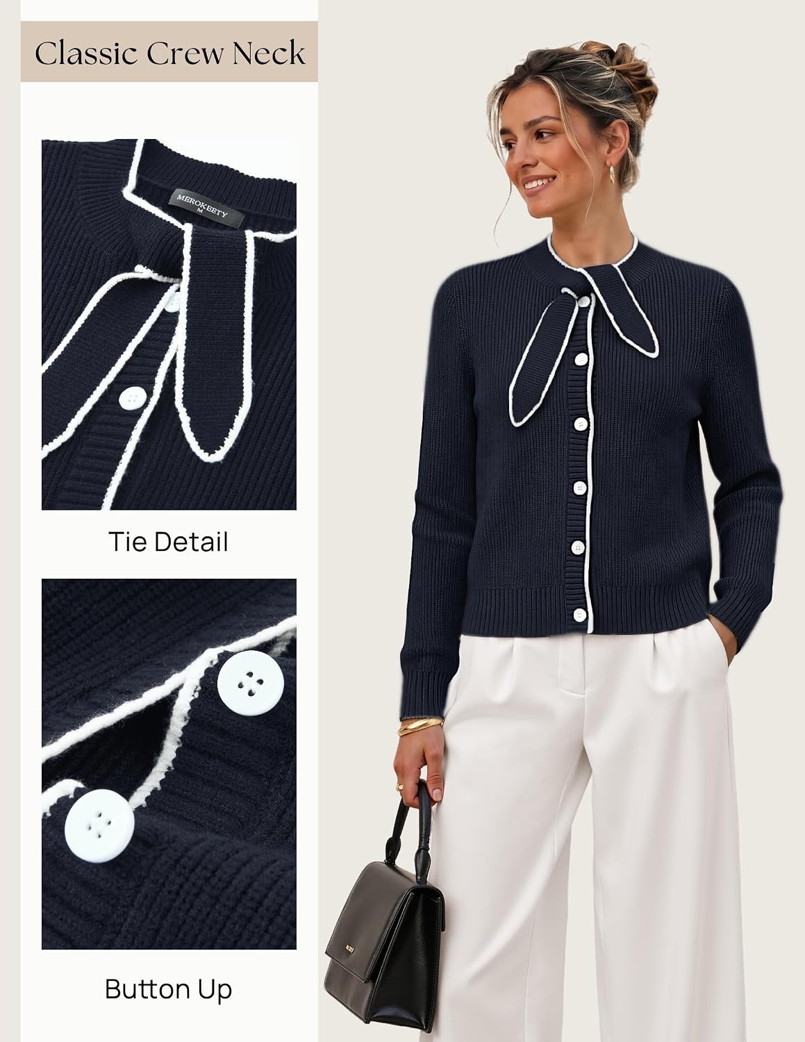 image:imageMEROKEETY Womens Long Sleeve Tie Front Fall Cardigan Chunky Knit SweatersNavy