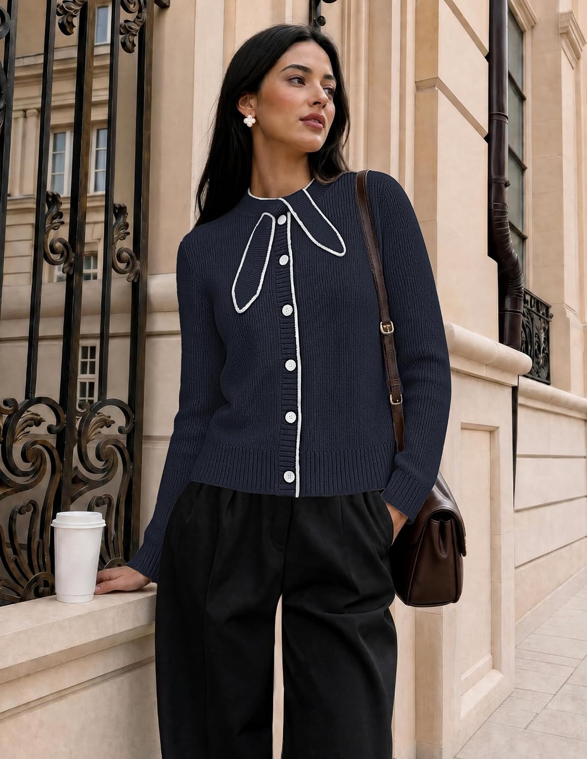 image:imageMEROKEETY Womens Long Sleeve Tie Front Fall Cardigan Chunky Knit SweatersNavy
