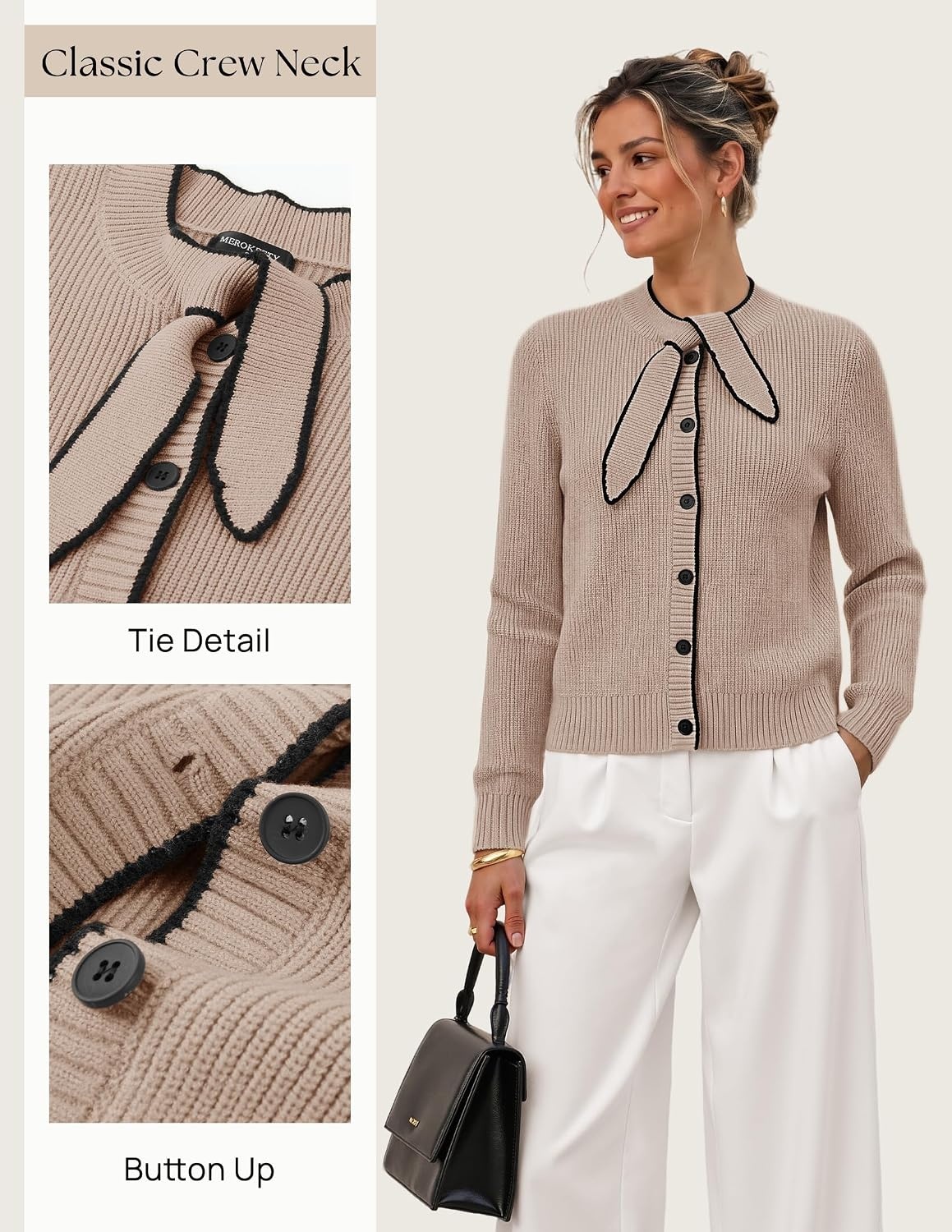 image:imageMEROKEETY Womens Long Sleeve Tie Front Fall Cardigan Chunky Knit SweatersOatmeal
