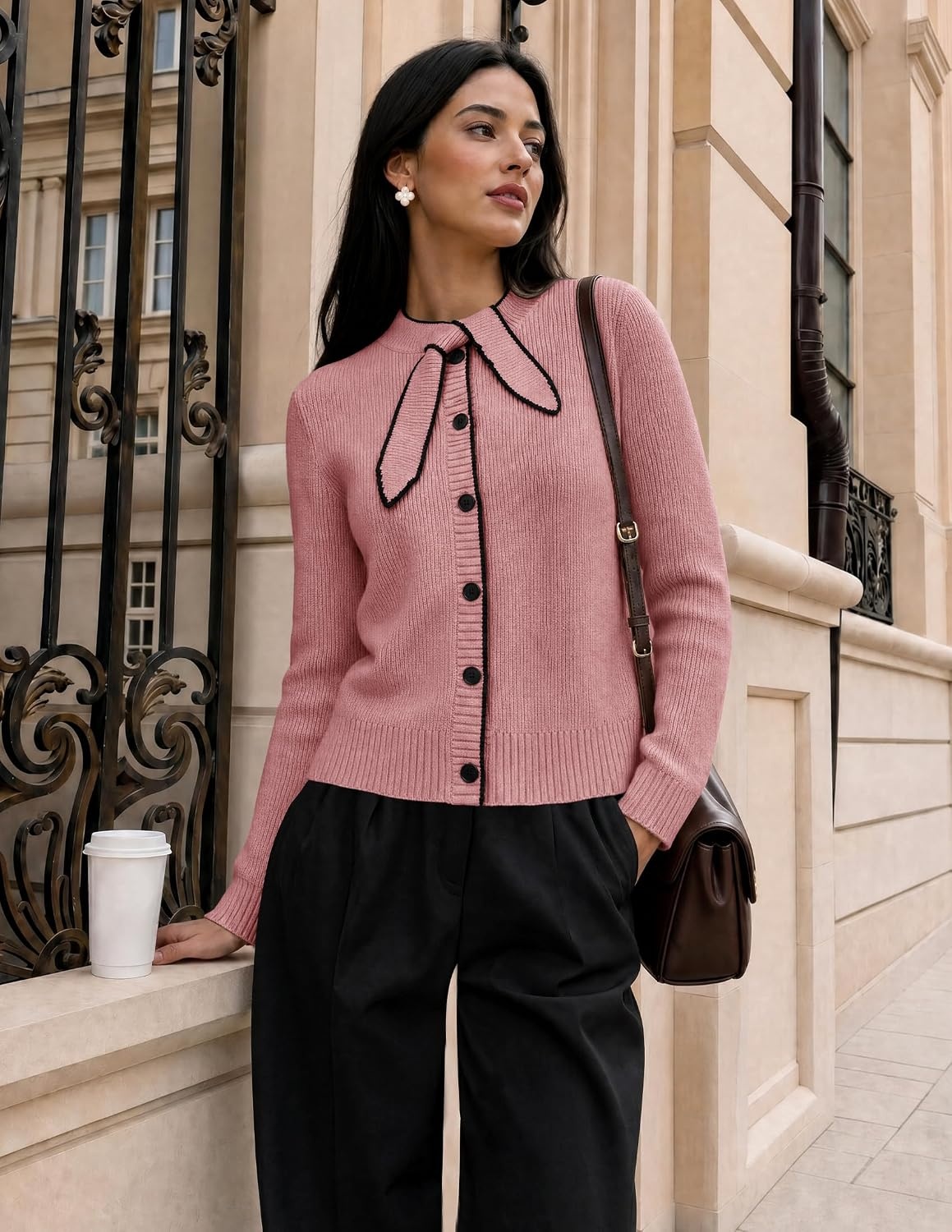 image:imageMEROKEETY Womens Long Sleeve Tie Front Fall Cardigan Chunky Knit SweatersPink