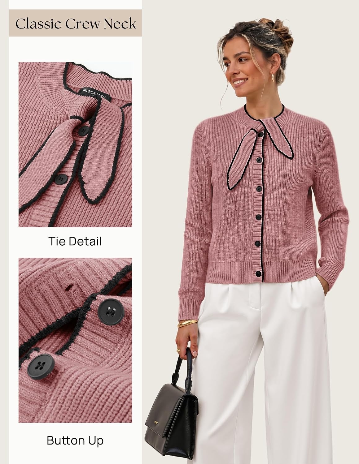 image:imageMEROKEETY Womens Long Sleeve Tie Front Fall Cardigan Chunky Knit SweatersPink