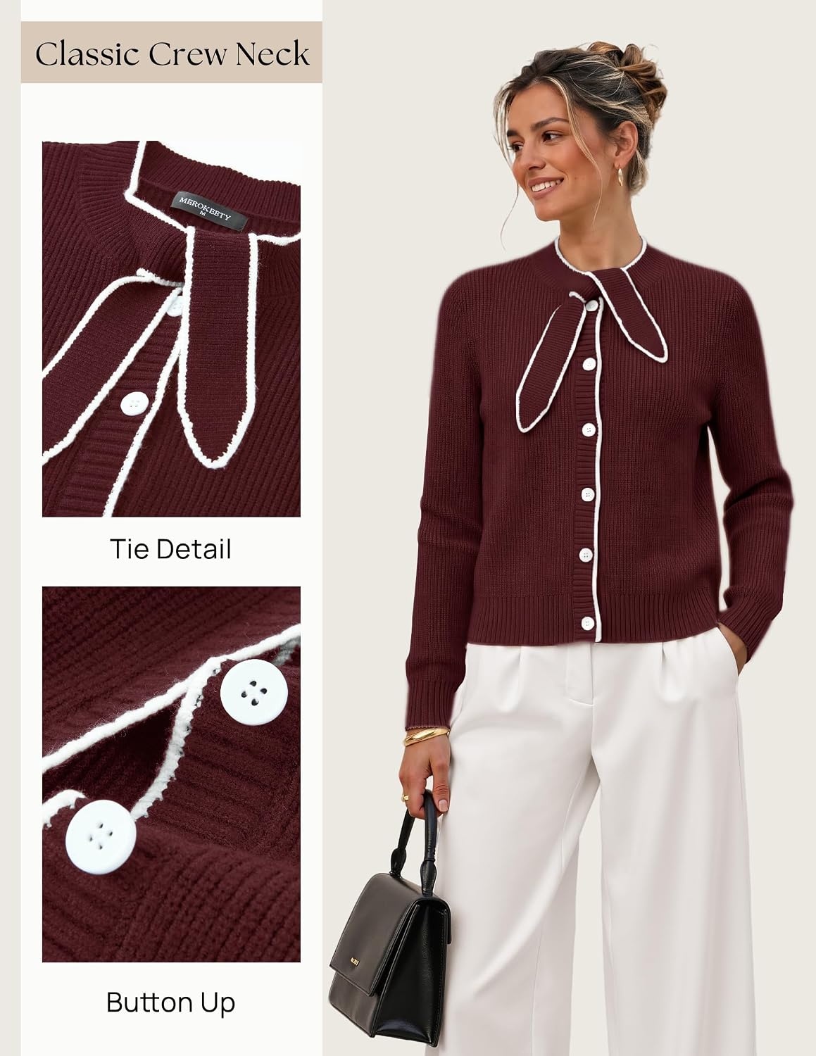 image:imageMEROKEETY Womens Long Sleeve Tie Front Fall Cardigan Chunky Knit SweatersWine
