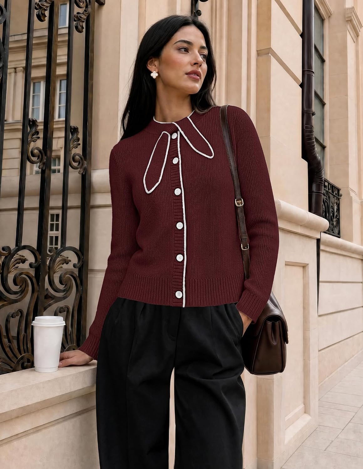 image:imageMEROKEETY Womens Long Sleeve Tie Front Fall Cardigan Chunky Knit SweatersWine