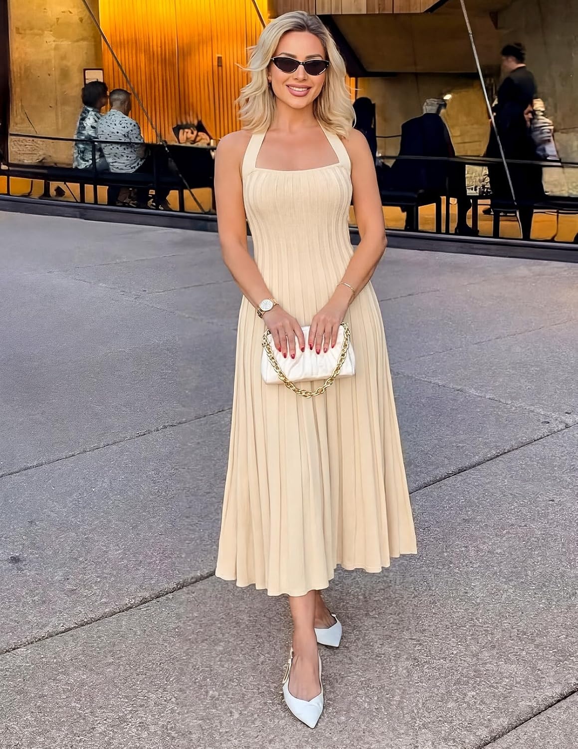 image:imageMEROKEETY Women Summer Halter Ribbed Bodycon Midi Sweater Dress 2026 FormalApricot