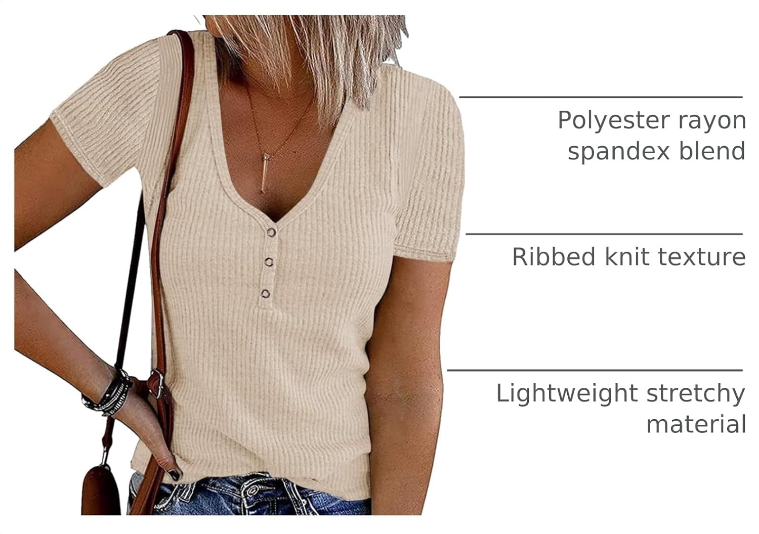 image:imageMEROKEETY Womens 2026 Summer Short Sleeve Tops Casual T ShirtsAlmond
