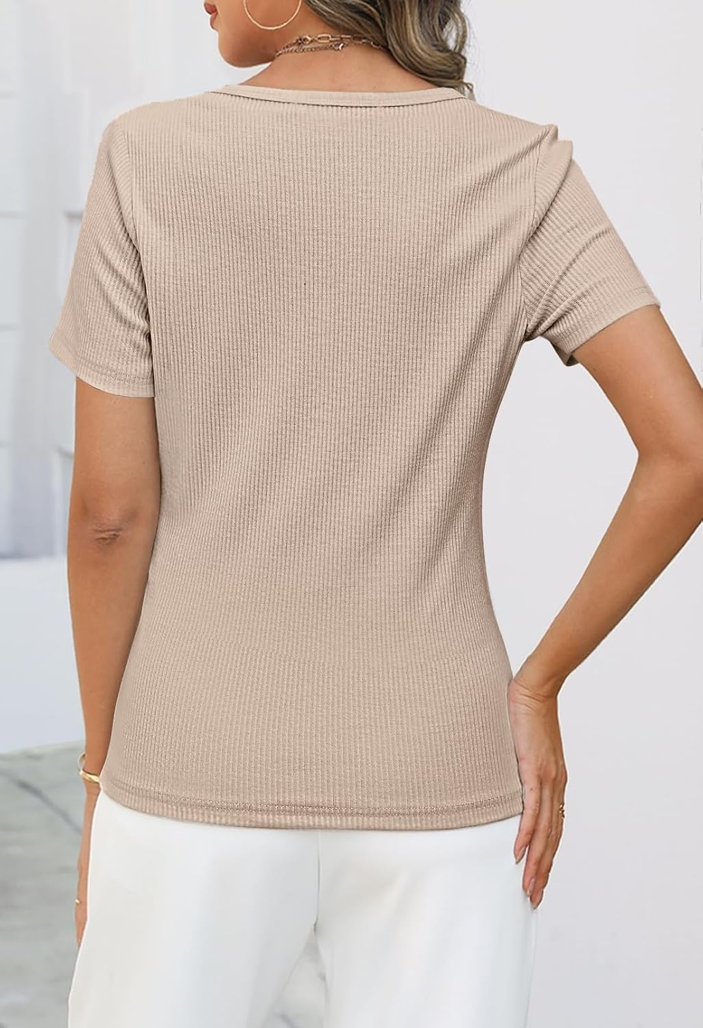 image:imageMEROKEETY Womens 2026 Summer Short Sleeve Tops Casual T ShirtsAlmond