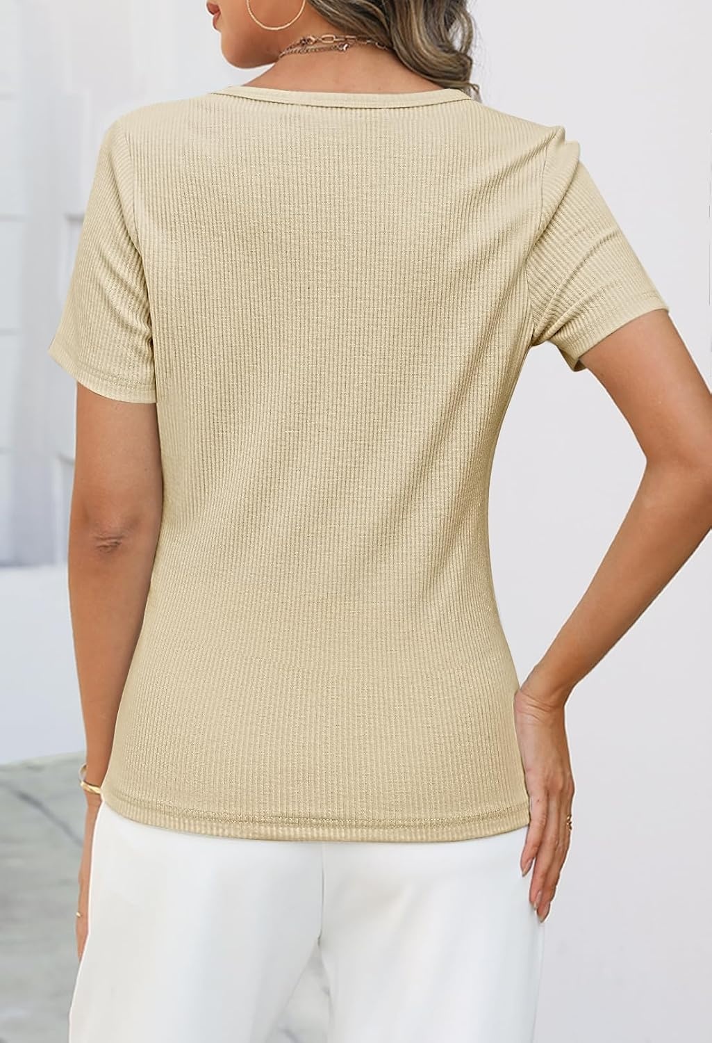 image:imageMEROKEETY Womens 2026 Summer Short Sleeve Tops Casual T ShirtsApricot
