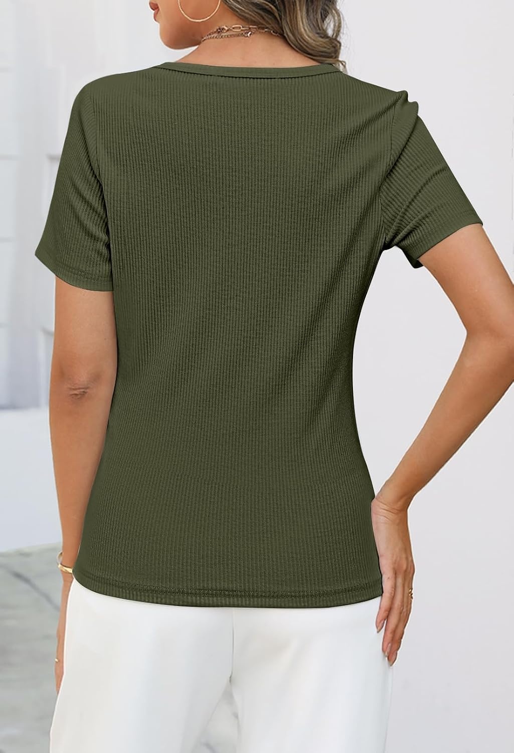 image:imageMEROKEETY Womens 2026 Summer Short Sleeve Tops Casual T ShirtsArmygreen