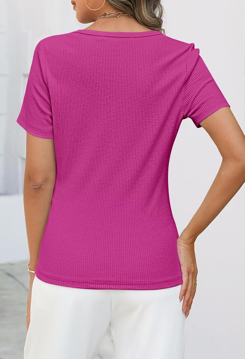 image:imageMEROKEETY Womens 2026 Summer Short Sleeve Tops Casual T ShirtsHot Pink