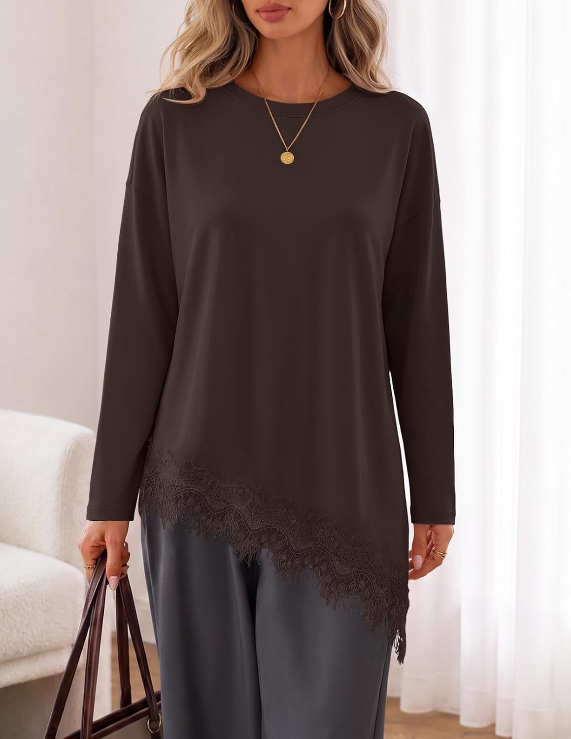 image:imageMEROKEETY Womens Fall Asymmetric Lace Long Sleeve Top Casual Cute ShirtsCoffee