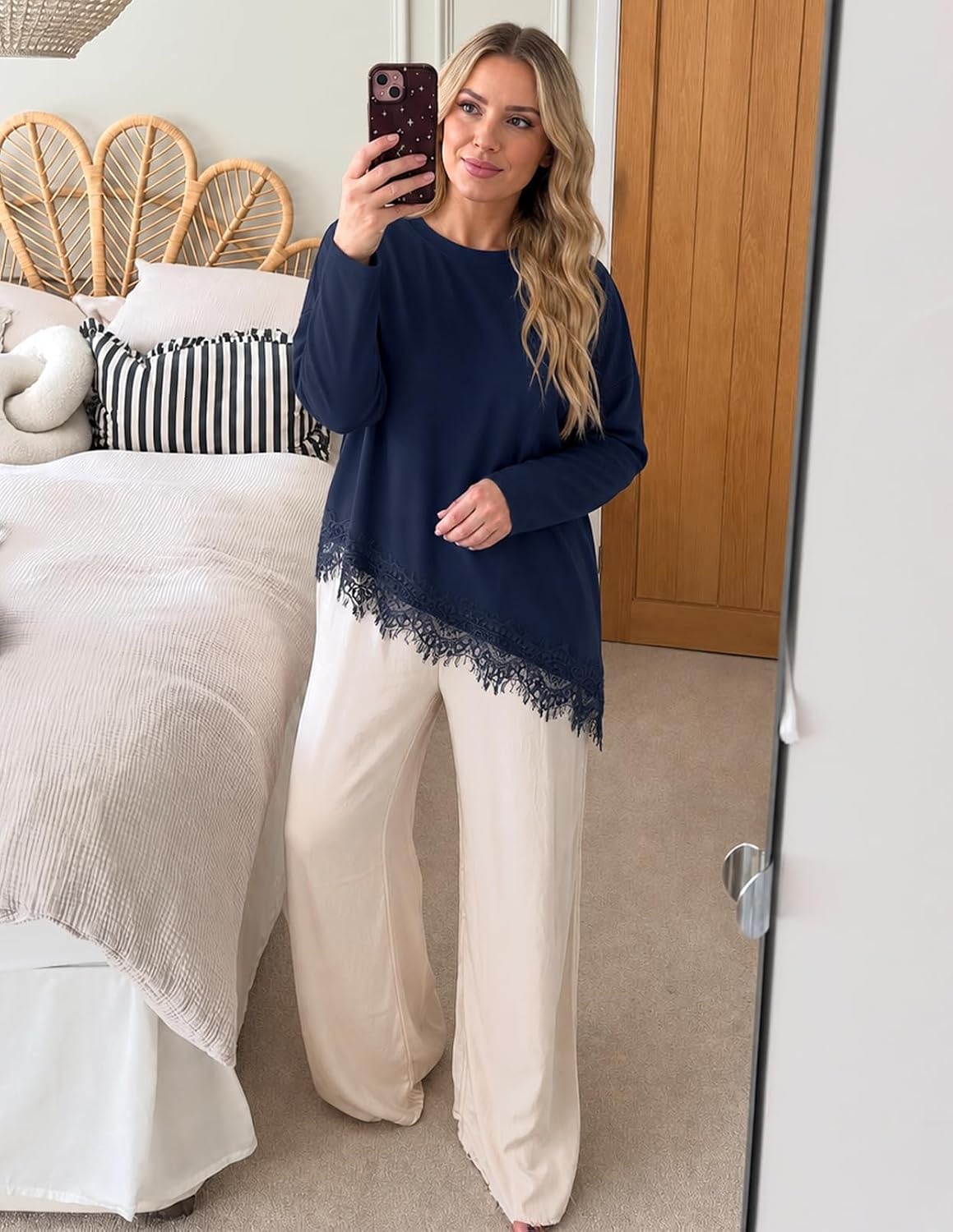 image:imageMEROKEETY Womens Fall Asymmetric Lace Long Sleeve Top Casual Cute ShirtsNavy