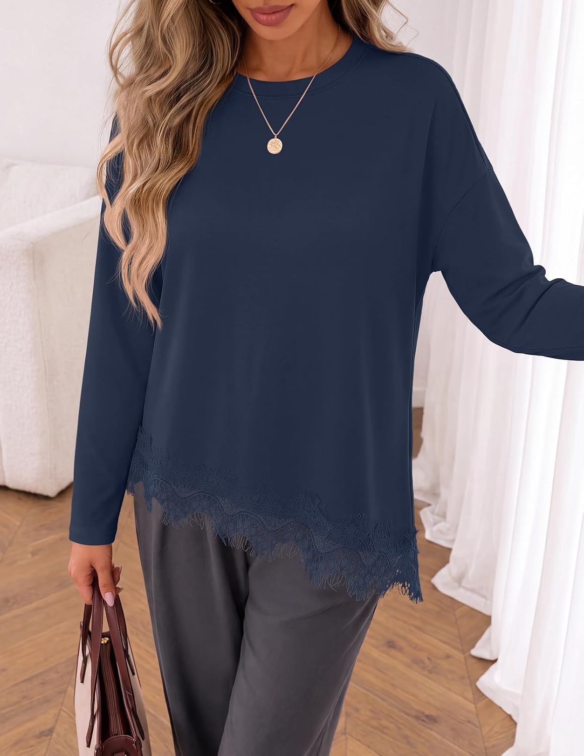 image:imageMEROKEETY Womens Fall Asymmetric Lace Long Sleeve Top Casual Cute ShirtsNavy