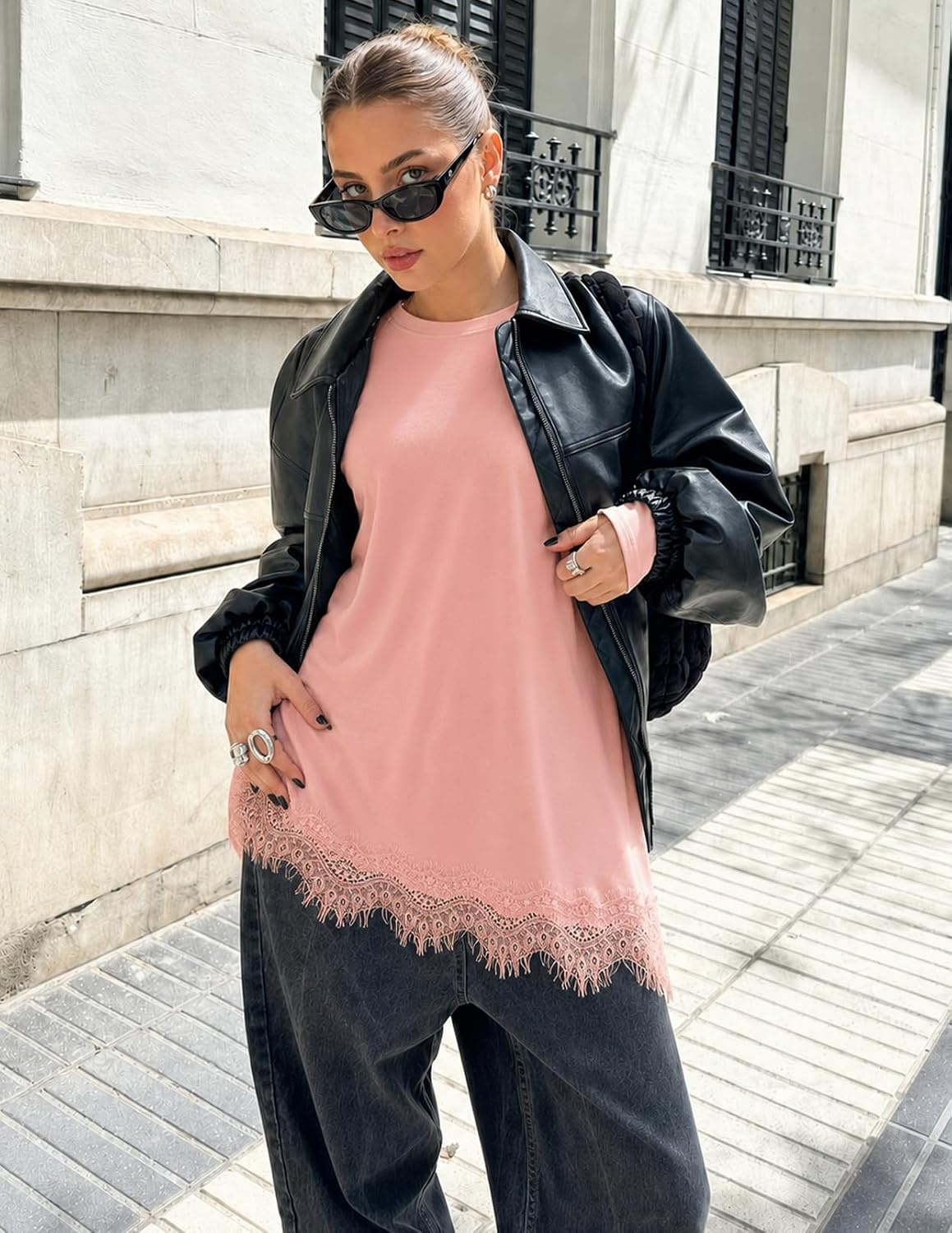 image:imageMEROKEETY Womens Fall Asymmetric Lace Long Sleeve Top Casual Cute ShirtsPink