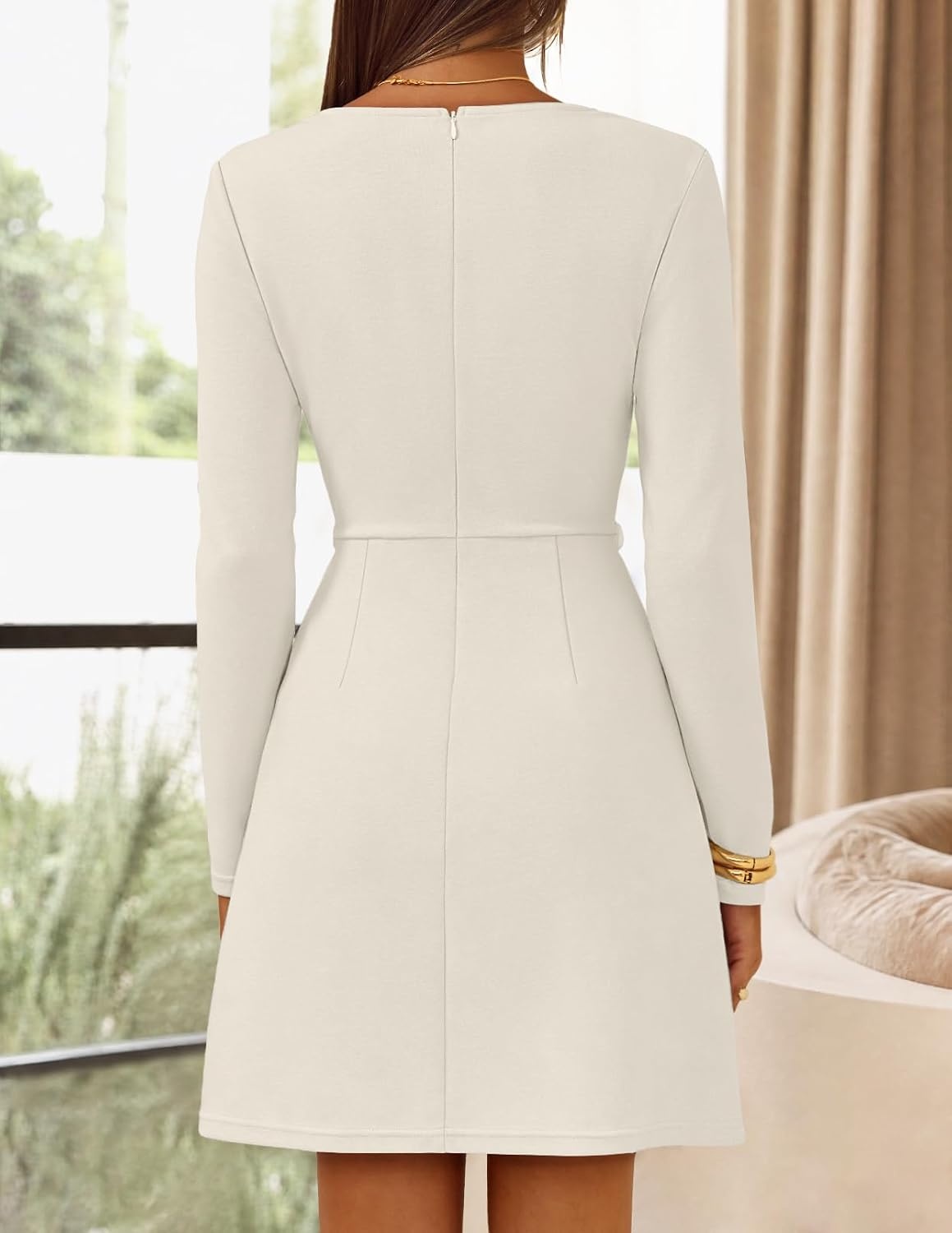 image:imageMEROKEETY Womens Fall Business Casual Work Office Long Sleeve Mini DressApricot