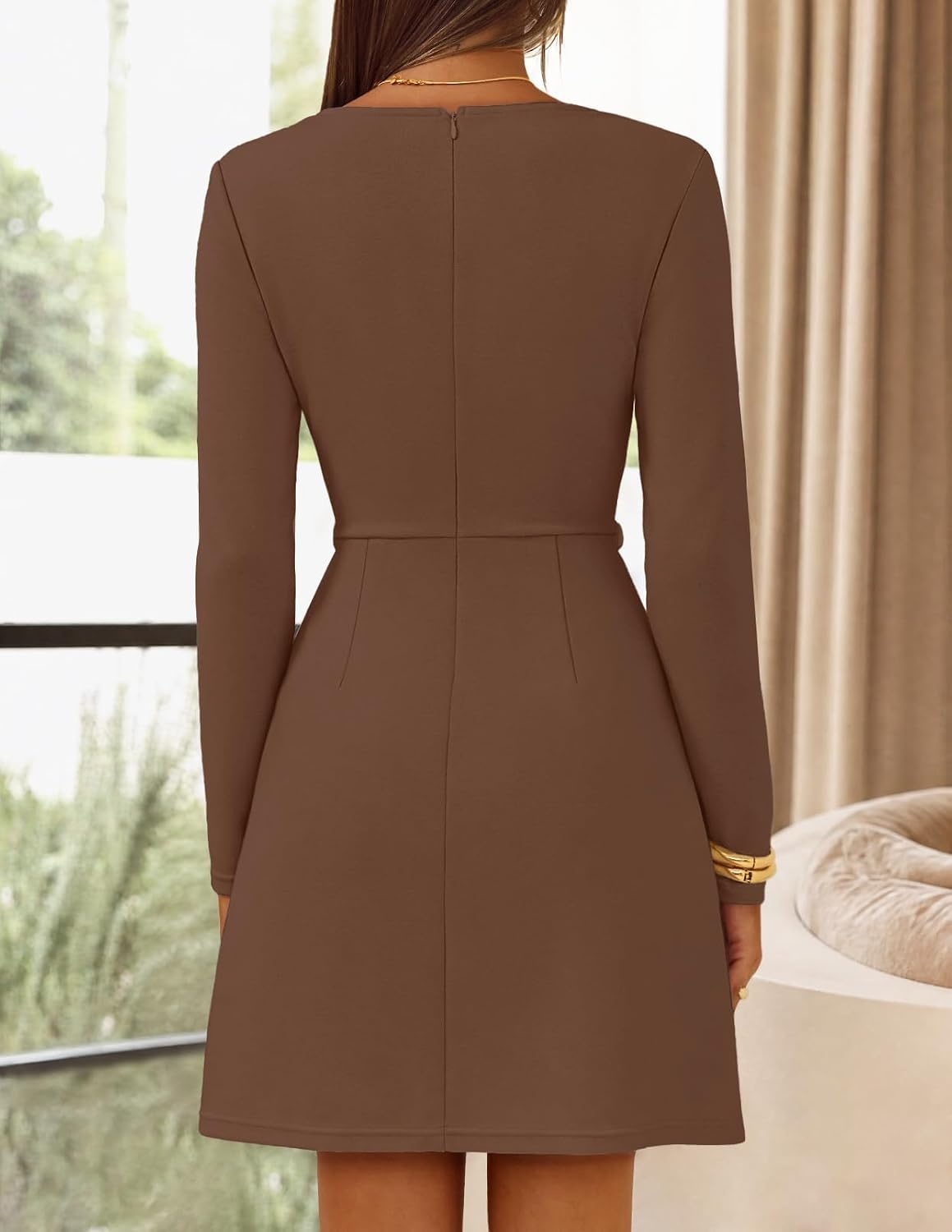 image:imageMEROKEETY Womens Fall Business Casual Work Office Long Sleeve Mini DressCoffee