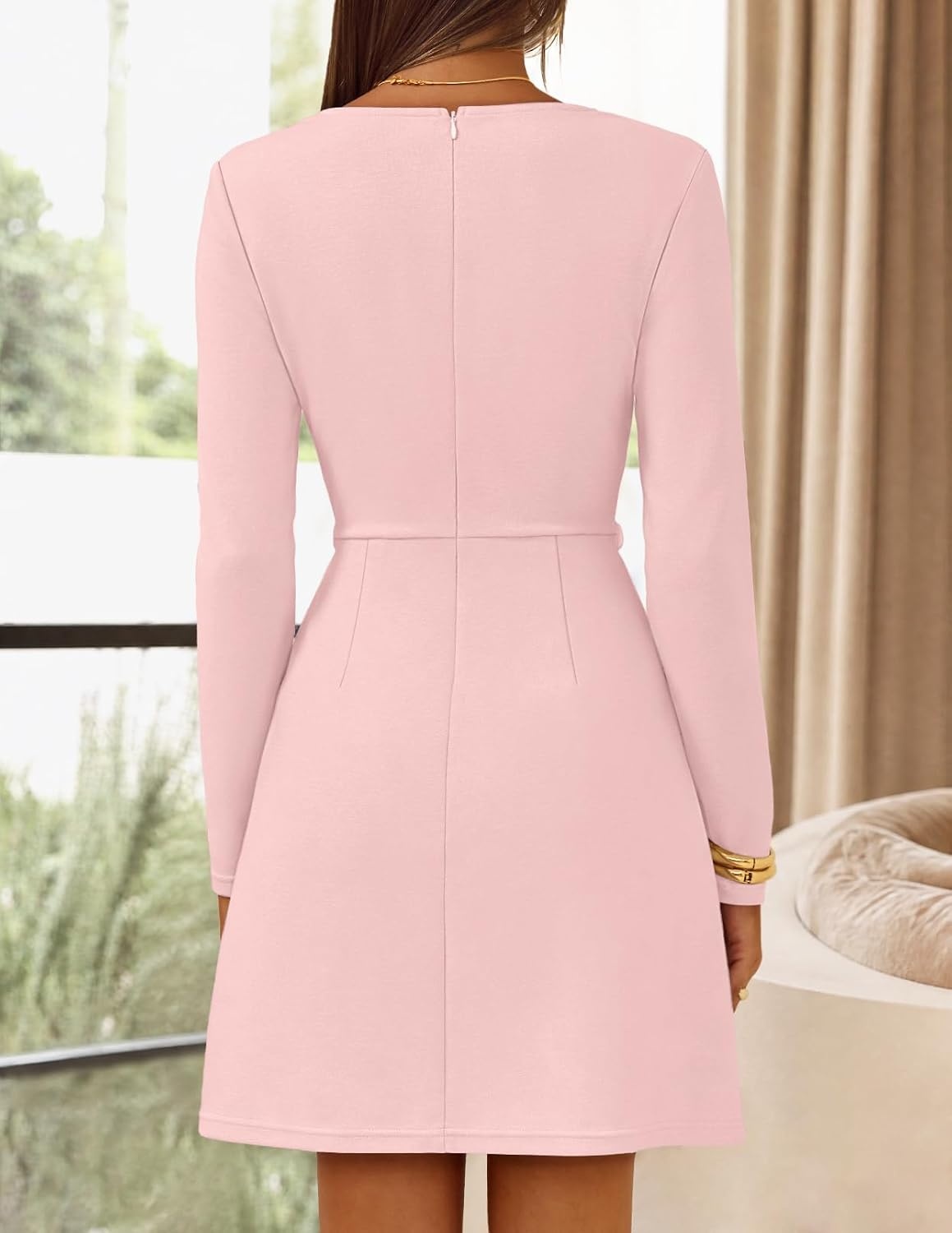 image:imageMEROKEETY Womens Fall Business Casual Work Office Long Sleeve Mini DressPink