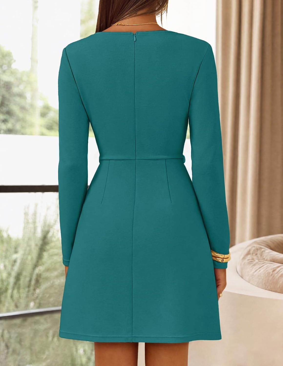 image:imageMEROKEETY Womens Fall Business Casual Work Office Long Sleeve Mini DressTeal